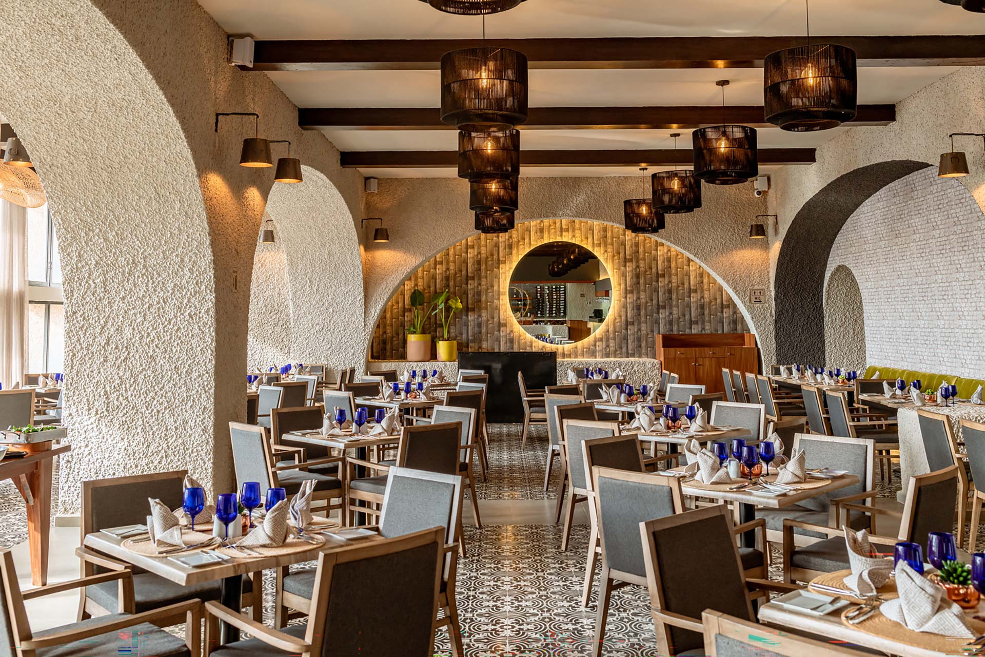 Interior of El Alcazar restaurant with empty dining tables